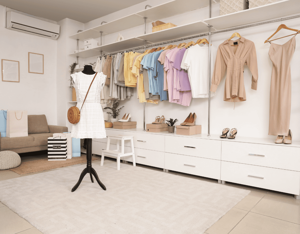 Modern walk in closet built during shop or outbuilding construction project in Rexburg, Idaho