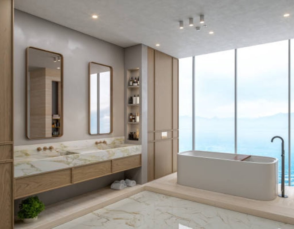 Bathroom renovation project with updated plumbing fixtures and finishes